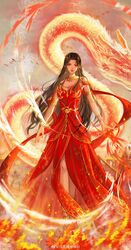  absurdres armlet artist_request bare_legs black_hair bracelet cai_lin_(doupo_cangqiong) closed_mouth doupo_cangqiong dragon dress expressionless female fire full_body hair_ornament highres jewelry long_hair looking_at_viewer necklace red_dress red_eyes second-party_source solo 