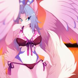  1:1 2020 2_horns 5_fingers accessory angel_dragon anthro big_breasts big_tail bikini blue_eyes blue_hair blue_pupils breasts cleavage clothed clothing colored_nails countershade_face countershade_torso countershading curvy_figure dark_pupils digital_media_(artwork) dragon ear_piercing eyebrow_through_hair eyebrows eyelashes eyeliner facial_tuft feathered_wings feathers female fingernails fingers fluffy fluffy_tail front_view fur furgonomics furred_dragon furred_scalie glistening glistening_clothing glowing glowing_horn hair half-length_portrait horn hourglass_figure iris jewelry legs_together long_hair long_tail looking_at_viewer makeup markings midriff multicolored_body multicolored_clothing multicolored_fur multicolored_swimwear mythological_creature mythological_scalie mythology nails navel orange_sky piercing pink_body pink_ears pink_fur pink_tail pink_wings portrait pupils purple_clothing purple_eyebrows purple_eyeliner purple_horn purple_markings purple_swimwear ring scalie seaside seductive signature simple_background skwidbone sky small_waist smile snout solo spread_wings swimwear tail tail_accessory tail_jewelry tail_ring thin_eyebrows translucent translucent_hair tuft twilight two_tone_body two_tone_fur two_tone_tail water white_body white_countershading white_fingernails white_fur white_nails white_tail wide_hips wings 