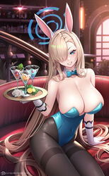  alcohol animal_ears aqua_bow aqua_bowtie aqua_leotard asuna_(blue_archive) asuna_(bunny)_(blue_archive) bare_shoulders blonde_hair blue_archive blue_eyes blurry blurry_background bow bowtie breasts cherry cocktail_glass collarbone commentary couch covered_navel cup detached_collar drinking_glass eyelashes fake_animal_ears female flower food fruit gloves hair_over_one_eye halo hand_up headband highleg highleg_leotard highres holding holding_tray huge_breasts jurrig leaf lemon leotard long_hair mint mole mole_on_breast official_alternate_costume open_mouth orange_(fruit) pantyhose parted_bangs plant playboy_bunny rabbit_ears railing rose sitting solo strapless strapless_leotard taut_leotard teeth thighband_pantyhose thighs traditional_bowtie tray very_long_hair white_flower white_gloves white_headband white_rose 