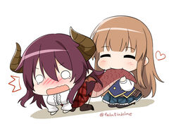  2girls =_= ^^^ all_fours anne_(shingeki_no_bahamut) biting biting_another&#039;s_tail blonde_hair blunt_bangs blush breasts brown_hair chibi dragon_girl dragon_horns dragon_tail eyebrows_hidden_by_hair felutiahime grea_(shingeki_no_bahamut) hair_between_eyes heart hime_cut holding_another&#039;s_tail horns long_hair long_sleeves manaria_friends multiple_girls nose_blush o_o plaid plaid_skirt pleated_skirt purple_hair shingeki_no_bahamut short_hair simple_background sitting skirt smile tail tears thighhighs white_background yuri 