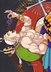  1boy abs bara blonde_hair earrings eating enel eyelashes food fruit grapes highres holding jewelry large_pectorals linked_piercing long_earlobes looking_at_viewer male_focus muscular muscular_male nipple_chain nipple_jewelry nipple_piercing nipple_rings nipples one_piece pectorals piercing rosinantes sanpaku short_hair sideburns sideways_glance solo thick_eyebrows tomoe_(symbol) topless_male upper_body 