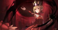  absurdres ahoge bare_shoulders blonde_hair braid breasts chalice commentary crown cup dragon_tail dress elbow_gloves facial_mark fate/grand_order fate_(series) female french_braid gloves gold_crown hair_bun hair_intakes hair_ribbon highres jiajiayu long_hair nero_claudius_(fate) outstretched_arm pointed_crown pointy_ears queen_draco_(fate) queen_draco_(first_ascension)_(fate) red_dress red_eyes red_ribbon ribbon scales single_glove small_breasts solo tail white_gloves 