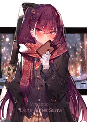  black_coat blush box brown_skirt character_name coat english_text enpera female gift gift_box girls&#039;_frontline gloves hair_ornament holding holding_gift long_hair long_sleeves looking_at_viewer necktie official_alternate_costume one_side_up open_clothes open_coat open_mouth pleated_skirt print_scarf purple_hair red_eyes red_necktie red_scarf scarf simple_background skirt snowflake_hair_ornament snowflake_print solo soukou_makura stuffed_animal stuffed_reindeer stuffed_toy upper_body wa2000_(date_in_the_snow)_(girls&#039;_frontline) wa2000_(girls&#039;_frontline) white_gloves 