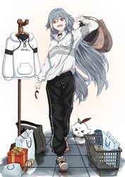  &gt;_&lt; :d absurdres bag bird black_hair black_nails black_pants brown_footwear chick choker earrings female fu_hua fu_hua_(herrscher_of_sentience) full_body gift hair_between_eyes hair_ornament highres holding holding_bag honkai_(series) honkai_impact_3rd hood hoodie huahong2333 jewelry jingwei_(bird) long_hair long_sleeves looking_at_viewer nail_polish pants red_eyes shirt shoes shopping shopping_bag shopping_basket single_earring smile sneakers standing sweatpants teeth walking white_hoodie white_shirt 