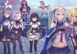  6+girls :d ^_^ absurdres anchor_symbol arm_cutout azur_lane bare_shoulders belt bikini bikini_under_clothes bird black_belt black_bikini black_choker black_dress black_gloves black_hair black_hairband black_leotard black_shorts black_skirt black_sleeves black_thighhighs blonde_hair blue_cloak blue_collar blue_eyes blue_jacket blue_skirt blue_sky blue_thighhighs bluegill_(azur_lane) blush breasts bremerton_(azur_lane) brown_pantyhose buckle casablanca_(azur_lane) center_opening chains chick choker cityscape cleavage cloak closed_eyes clothes_writing cloud coat collar collarbone collared_shirt commentary_request cooper_(azur_lane) corset cowboy_shot crop_top crop_top_overhang crossed_bangs crotchless crotchless_pantyhose dark-skinned_female dark_skin detached_sleeves dress eicam elbow_gloves eyewear_on_head full_body gloves glowing green_eyes grey_belt grey_hair groin hachimaki hair_between_eyes hair_intakes hair_ornament hairband hairclip hand_on_own_hip hand_on_railing hand_to_own_mouth hand_up headband high-waist_skirt highleg highleg_bikini highres holding holding_tablet_pc holding_torpedo intrepid_(azur_lane) jacket kneehighs large_breasts leotard leotard_under_clothes lifebuoy_ornament long_hair long_sleeves looking_at_another manjuu_(azur_lane) marblehead_(azur_lane) medium_breasts metal_gloves midriff mole mole_on_breast multicolored_hair multiple_girls navel navel_piercing necktie o-ring_collar off_shoulder open_clothes open_jacket open_mouth pantyhose parted_hair piercing pink_bikini pink_eyes pink_hair pink_nails pleated_dress pleated_skirt purple_eyes purple_hair purple_socks railing red-tinted_eyewear red_necktie red_scrunchie reno_(azur_lane) rudder_footwear running scrunchie shirt shoes short_eyebrows short_hair short_hair_with_long_locks short_shorts shorts side-tie_bikini_bottom sidelocks signature skindentation skirt sky sleeveless sleeveless_dress sleeveless_shirt sleeves_past_wrists small_breasts smile snap-fit_buckle socks sparkle standing star_(symbol) star_print strap strapless strapless_dress streaked_hair sunglasses swimsuit tablet_pc thigh_strap thighhighs tinted_eyewear torpedo twintails twitter_username two-tone_hair two-tone_legwear two-tone_shirt underboob very_long_hair white_coat white_dress white_footwear white_gloves white_jacket white_shirt wrist_scrunchie wristband zettai_ryouiki 