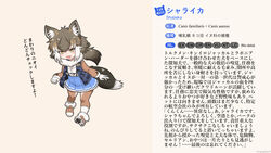  16:9 animal_humanoid blush bottomwear brown_eyes brown_hair canid canid_humanoid canine canine_humanoid clothing cute_fangs dipstick_tail dog_humanoid english_text fan_character female footwear gloves hair handwear hi_res humanoid inner_ear_fluff jackal_humanoid jacket japanese_text kemono_friends leggings legwear long_hair mammal mammal_humanoid markings mo23 multicolored_hair open_mouth scientific_name shoes skin_fang skirt socks solo tail tail_markings text topwear translation_request tuft white_hair white_tail_tip widescreen 