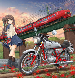  absurdres arms_behind_back black_footwear black_socks blue_sailor_collar boots bridge brown_hair bush cloud cloudy_sky dirt_road female flower grass green_eyes green_ribbons hair_ribbon headphones highres honda honda_ac15 japan_railways lamppost long_hair long_sleeves looking_back mikeran_(mikelan) motor_vehicle motorcycle mountain neckerchief original outdoors pleated_skirt ponytail power_lines railing red_neckerchief ribbon road sailor_collar school_uniform serafuku shirt skirt sky smile socks solo sony spider_lily standing sunset train utility_pole walkman white_shirt 