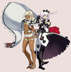  2girls ahoge bare_legs belt black_legwear blonde_hair blue_eyes breasts brown_eyes chains cleavage collar dark_skin dress elphelt_valentine feet flower grey_background grey_hair guilty_gear guilty_gear_xrd hair_between_eyes holding_hands jako_(toyprn) large_breasts medium_hair midriff multiple_girls parted_lips ramlethal_valentine rose siblings simple_background sisters spiked_collar spikes thigh_strap thighs underboob 