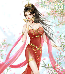  absurdres artist_request bare_legs bare_shoulders black_hair bracelet cai_lin_(doupo_cangqiong) closed_mouth doupo_cangqiong dress female flower hagoromo hair_ornament highres holding holding_mask jewelry long_hair looking_to_the_side mask pointy_ears red_dress second-party_source shawl smile solo thighlet tiara upper_body white_flower 