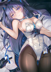  animal_ears bare_arms between_breasts black_gloves black_pantyhose blue_archive breasts covered_navel cowboy_shot female gloves inoue_takuya_(tactactak) large_breasts leotard long_hair lying necktie necktie_between_breasts on_back pantyhose playboy_bunny purple_eyes purple_hair rabbit_ears solo white_leotard yuuka_(blue_archive) 