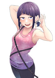  absurdres alternate_costume alternate_hairstyle arm_behind_head asymmetrical_bangs audio_jack blunt_bangs boku_no_hero_academia cowboy_shot female grey_pants highres jirou_kyouka kobaji long_earlobes pants pink_shirt purple_eyes purple_hair purple_shirt sanpaku shirt sidelocks simple_background sky_print sleeveless smile solo standing studded teeth torn_clothes torn_shirt tsurime upper_teeth_only white_background 