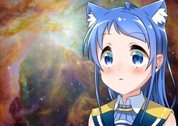  black_sailor_collar blue_eyes blue_hair cat_day commentary_request female kantai_collection kemonomimi_mode long_hair meme nebula open_mouth parody sailor_collar samidare_(kancolle) school_uniform serafuku shirt sleeveless sleeveless_shirt solo space space_cat_(meme) swept_bangs upper_body very_long_hair yokoshima_(euphoria) 