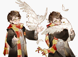  1boy :d animal_hug bird black_coat black_hair black_pants black_sweater closed_mouth coat commentary diagonal-striped_clothes diagonal-striped_necktie falling_feathers feathers green_eyes grey_background gryffindor harry_potter harry_potter_(series) hedwig highres hogwarts_school_uniform long_sleeves male_focus multiple_views necktie one_eye_closed owl pants red_necktie red_scarf round_eyewear scar scar_on_face scar_on_forehead scarf school_uniform short_hair smile striped_clothes striped_necktie striped_scarf sweater symbol-only_commentary upper_body wizarding_world yellow_necktie yellow_scarf yuji_(fantasia) 