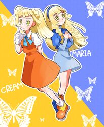  2girls aria_pkmn blonde_hair blue_dress blue_hairband blue_ribbon body_blush braid butterfly_background character_name closed_mouth commentary_request cosplay cream_the_rabbit cream_the_rabbit_(cosplay) dress eyelashes gloves green_eyes hairband hands_up highres lillie_(nihilego) lillie_(pokemon) long_hair looking_up loose_socks maria_robotnik maria_robotnik_(cosplay) multiple_girls neck_ribbon orange_dress orange_footwear outline own_hands_together parted_lips pokemon pokemon_sm purple_background ribbon shirt shoes short_sleeves smile socks sonic_(series) twin_braids white_gloves white_legwear white_shirt yellow_background 