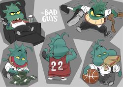  absurd_res anthro ball basketball basketball_(ball) beverage_can biped bodily_fluids bottomwear chewing chibetto clothing concept_art cross-popping_vein dreamworks drooling fish green_body hi_res leg_pull male marine money mr._piranha_(the_bad_guys) multiple_poses official_art pants piranha_(fish) pose saliva serrasalmid shirt shorts sitting solo sports_uniform suspenders tail tail_pull tattoo the_bad_guys topwear 