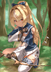  6mint absurdres arrow_(projectile) blonde_hair blurry blurry_background bow bow_(weapon) brown_gloves clothing_cutout commentary dark-skinned_female dark_skin elf female forest gloves hairbow highres holding holding_arrow holding_bow_(weapon) holding_weapon hololive long_hair long_sleeves looking_at_viewer multicolored_hair nature outdoors partially_fingerless_gloves pointy_ears ponytail shiranui_flare shiranui_flare_(old_design) shoulder_cutout single_thighhigh solo squatting streaked_hair thighhighs tree virtual_youtuber weapon white_hair white_thighhighs 