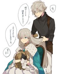  1boy anastasia_(fate) bad_id bad_twitter_id blush brushing_another&#039;s_hair brushing_hair chair cloak curly_hair doll dress eyebrows_hidden_by_hair fate/grand_order fate_(series) female green_eyes grey_hair hair_between_eyes hair_ornament hair_ribbon highres holding holding_doll i_(yunyuniraaka) kadoc_zemlupus long_hair looking_at_another ribbon scarf shirt short_hair simple_background sitting translation_request viy_(fate) white_background winter_clothes yellow_eyes 