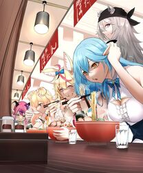  5girls ^_^ alternate_costume animal_ears bandana blonde_hair blue_hair breasts chopsticks cleavage cleavage_cutout closed_eyes clothing_cutout commentary_request cup demon_girl demon_horns double_bun drinking_glass eating food fox_ears fox_girl grey_eyes grey_hair hair_bun highres holding holding_chopsticks holofive hololive horns large_breasts lion_ears lion_girl long_pointy_ears looking_back mano_aloe momosuzu_nene momosuzu_nene_(1st_costume) multiple_girls noodles omaru_polka omaru_polka_(1st_costume) pointy_ears purple_hair ramen shishiro_botan tucking_hair two_side_up usagits_00 virtual_youtuber water yellow_eyes yukihana_lamy yukihana_lamy_(1st_costume) 