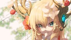  absurdres antlers artist_name blonde_hair blurry blurry_background commentary english_commentary female flower green_eyes hair_between_eyes hair_flower hair_ornament highres horns leegh19769 long_hair looking_at_viewer maplestory mouth_hold parted_lips petals petals_in_mouth portrait red_flower solo white_flower 