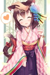  :d ^_^ animal_ear_fluff animal_ears back_bow bell black_choker blue_flower blush bow brown_hair cat_ears cat_girl cat_tail choker closed_eyes commentary_request disembodied_hand facing_viewer female flower hair_between_eyes hair_flower hair_ornament hakama hakama_skirt hand_up headpat heart japanese_clothes jingle_bell kimono long_sleeves neck_bell obi open_mouth original paw_pose pink_kimono print_kimono purple_hakama red_bow sakura_ani sash skirt sleeves_past_wrists smile solo_focus spoken_heart tail tail_bow tail_ornament wide_sleeves yagasuri 