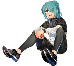  1boy blue_hair blush full_body hair_over_one_eye inazuma_eleven inazuma_eleven_(series) jacket kazemaru_ichirouta long_hair looking_at_viewer male_focus open_mouth ponytail shoes shorts simple_background sitting smartwatch smile sneakers solo spandex sportswear tomo_(sjim) watch white_background wristwatch 