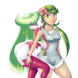  1:1 breasts clothed clothing digital_media_(artwork) duo elemental_creature female flora_fauna generation_7_pokemon hi_res human humanoid mallow_(pokemon) mammal nintendo not_furry plant pokemon pokemon_(species) pokemon_trainer shaba_hx simple_background tsareena white_background 