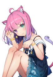  :3 absurdres ahoge animal_ear_fluff animal_ears bad_id bad_twitter_id bare_legs blue_dress blush bracelet candy_hair_ornament cat_ears cat_girl cat_tail closed_mouth commentary_request crescent crescent_earrings dress earrings feet_out_of_frame female food-themed_hair_ornament gradient_hair green_eyes hair_ornament head_tilt heterochromia highres himemori_luna himemori_luna_(sundress) hololive jewelry knees_up long_hair looking_at_viewer multicolored_hair official_alternate_costume paw_pose pink_hair print_dress purple_eyes purple_hair shyi sitting solo starry_sky_print tail tail_raised virtual_youtuber 