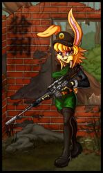  anthro belt black_border blonde_hair boots border bottomwear breasts clothed clothing dragunov dragunov_svd female fingerless_gloves footwear fully_clothed fur gloves gun hair handwear hat headgear headwear holding_gun holding_object holding_ranged_weapon holding_weapon jacket lagomorph legwear leporid makrosh mammal pants rabbit ranged_weapon rifle solo svd thigh_boots thigh_highs topwear uniform weapon yellow_body yellow_fur 