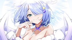  absurdres aqua_eyes bare_shoulders blue_hair breasts cleavage collarbone elira_pendora elira_pendora_(2nd_costume) female hair_ornament hair_over_one_eye hairclip head_wings highres jewelry key key_necklace large_breasts looking_at_viewer necklace nijisanji nijisanji_en ruru_(ruru_nnnn) short_hair smile solo upper_body virtual_youtuber wings 