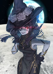  absurdres au_ra black_gloves black_horns breasts china_dress chinese_clothes colored_skin commission dragon_horns dress eyepatch female final_fantasy final_fantasy_xiv gloves grey_skin hand_on_headwear hand_on_own_hip hat hide_(hideout) highres horns long_hair looking_at_viewer medium_breasts moon original pelvic_curtain planet red_eyes scales skeb_commission sleeveless solo space warrior_of_light_(ff14) witch_hat 