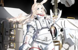  animal_ears animal_ears_helmet astronaut black_background blonde_hair blue_eyes commentary_request cowboy_shot female gawako helmet highres long_hair open_mouth original rabbit_ears simple_background solo space_helmet spacesuit teeth unworn_headwear unworn_helmet upper_teeth_only 