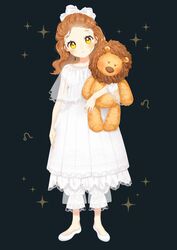  black_background bloomers blush bow brown_hair closed_mouth collarbone commentary_request dress female forehead full_body hairbow head_tilt highres hugging_object leo_(symbol) leo_(zodiac) long_hair looking_at_viewer original see-through shoes simple_background solo sparkle standing stuffed_animal stuffed_lion stuffed_toy suzuki_moeko underwear white_bloomers white_bow white_dress white_footwear yellow_eyes zodiac 