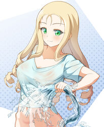  blonde_hair breasts casual closed_mouth drill_hair female girls_und_panzer green_eyes highres holding holding_hose hose long_hair looking_at_viewer marie_(girls_und_panzer) midriff navel rebirth42000 shirt short_sleeves smile solo spraying t-shirt tied_shirt water wet wet_clothes wet_shirt white_shirt 