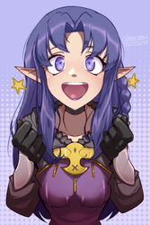  :d artist_name bangs black_gloves braid breasts clenched_hands commission excited fate/stay_night fate_(series) gloves haysey highres long_hair medea_(fate) medium_breasts parted_bangs pointy_ears procreate_(medium) purple_background purple_eyes purple_hair sidelocks smile star_(symbol) upper_body 