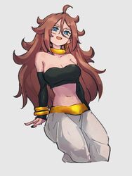  ahoge android_21 black_sleeves blue_eyes bracelet breasts brown_hair choker cleavage commentary_request crop_top detached_sleeves dragon_ball dragon_ball_fighterz female glasses grey_background hair_between_eyes jewelry kemachiku long_hair looking_at_viewer majin_android_21 medium_breasts midriff navel open_mouth simple_background sitting smile solo yellow_choker 