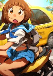  2girls absurdres blue_sailor_collar blue_skirt blue_sky blunt_bangs bra brown_eyes brown_hair canine car clothes_lift cloud day english_commentary flashing guts_(kill_la_kill) highres khyle. kill_la_kill looking_at_viewer mankanshoku_mako matoi_ryuuko midriff miniskirt motor_vehicle motorcycle multiple_girls open_bra open_mouth pleated_skirt riding rolling_eyes sailor_collar school_uniform serafuku shirt shirt_lift short_hair skirt sky solo_focus taxi underwear undressing white_shirt 