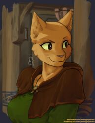  anthro breasts brown_eyes clothed clothing detailed_background felid female fur hi_res jewelry katia_managan khajiit mammal microsoft necklace prequel_adventure pwnagespartan signature smile solo text the_elder_scrolls url whiskers yellow_body yellow_fur 