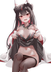  absurdres areola_slip azur_lane black_hair black_pantyhose black_skirt blush breasts breasts_apart classic_(zildjian33) clothes_lift fangs female hatsuzuki_(azur_lane) highres lifting_own_clothes looking_at_viewer medium_breasts navel no_panties open_mouth pantyhose red_eyes simple_background sitting skirt skirt_lift solo teeth upper_teeth_only white_background 