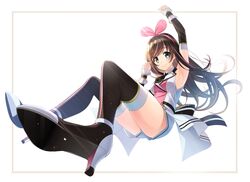  armpits arms_up boots bow breasts brown_eyes brown_hair detached_sleeves female high_heel_boots high_heels highres kizuna_ai kizuna_ai_(elegant) kizuna_ai_inc. long_hair looking_at_viewer nyanmaru pink_bow small_breasts smile solo thigh_boots thighhighs thighs virtual_youtuber white_background 