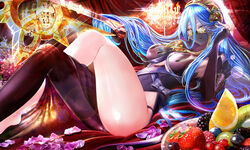  aqua_hair azura_(fire_emblem) azura_(performing_arts)_(fire_emblem) black_gloves black_thighhighs blackberry_(fruit) blueberry breasts bridal_gauntlets candle candlestand commentary_request covered_navel crossed_legs curtains female fingerless_gloves fire_emblem fire_emblem_fates fire_emblem_heroes food fruit gloves grapes highres kiwi_(fruit) kiwi_slice leotard long_hair looking_at_viewer lying medium_breasts mouth_veil on_back orange_(fruit) orange_slice petals raspberry single_thighhigh solo staff strawberry taut_clothes thighhighs thighs tongari veil yellow_eyes 