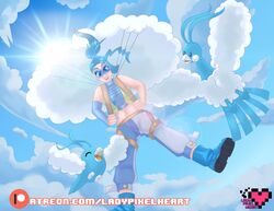  absurd_res altaria blue_hair clothed clothing cloud eyewear feral generation_3_pokemon hair harness hi_res human humanoid ladypixelheart mammal nintendo parachute parachuting pokemon pokemon_(species) sky sky_background skydiving sleeveless sun swablu 