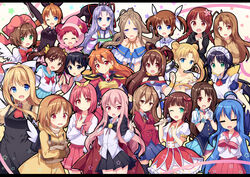  6+girls :o ;d =_= ^_^ ahoge air_(visual_novel) aisaka_taiga amami_haruka amemiya_ruki andou_mahoro annotation_request battle_athletes belldandy bishoujo_senshi_sailor_moon black_hair black_outline black_ribbon blonde_hair blue_eyes blue_hair braid brown_eyes brown_hair cardcaptor_sakura character_request closed_eyes commentary copyright_request crossover double_bun earrings facial_mark forehead_mark green_eyes hair_between_eyes hair_bun hair_ribbon hairband harukaze_doremi heisei highres idolmaster idolmaster_(classic) idolmaster_cinderella_girls izumi_konata jewelry kaitou_saint_tail kamigishi_akari kamio_misuzu kanon kanzaki_akari kinomoto_sakura kodomo_no_omocha kukuri_(mahoujin_guruguru) kurata_sana letterboxed lina_inverse long_hair louise_francoise_le_blanc_de_la_valliere love_hina lucky_star lyrical_nanoha magical_girl mahoromatic mahou_shoujo_lyrical_nanoha mahoujin_guruguru maid maid_headdress mamotte_shugogetten! microphone multiple_crossover multiple_girls narusegawa_naru oh_my_goddess! ojamajo_doremi one_eye_closed oohashi_high_school_uniform open_mouth orange_hair outline pantyhose partially_annotated photoshop_(medium) pink_eyes pink_hair ponytail princess_serenity red_eyes red_hair ribbon ryouou_school_uniform saint_tail school_uniform serafuku shimamura_uzuki short_hair shugogetten_shaolin slayers smile star_(symbol) takamachi_nanoha thighhighs to_heart to_heart_(series) toradora! tsukimiya_ayu tsukino_usagi twin_braids wand white_ribbon wings zero_no_tsukaima 