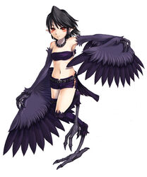  bandeau_bikini bird black_harpy blush collar harpy kenkou_cross kenkou_kurosu mamono_girl_lover monster_girl monster_girl_encyclopedia pointy_ears red_eyes simple_background wings 