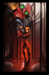  blood blue_eyes bodysuit commentary_request david_semsei doll eva_02 evangelion:_2.0_you_can_(not)_advance female hair_ornament highres injury mecha neon_genesis_evangelion orange_hair photoshop_(medium) plugsuit rebuild_of_evangelion robot science_fiction souryuu_asuka_langley 