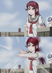  beam building charging female highres image_sample koharu_madara_(blooming_babe) love_live! love_live!_sunshine!! parody red_hair sakurauchi_riko school_uniform sleeveless tagme twitter_sample ultra_series ultraman_tiga_(series) yellow_eyes 