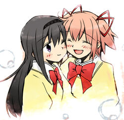  2girls akemi_homura bad_id bad_pixiv_id black_hair blush bow cheek-to-cheek closed_eyes hair_ribbon hairband heads_together jappo kaname_madoka long_hair luminous_(madoka_magica) mahou_shoujo_madoka_magica mahou_shoujo_madoka_magica_(anime) mitakihara_school_uniform multiple_girls one_eye_closed pink_hair purple_eyes ribbon school_uniform short_hair short_twintails twintails 