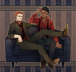  2boys aqua_lad blue_upholstery couch dark_skin dc_comics fleur_de_lis formal hat kaldur&#039;ahm male male_focus multiple_boys necktie patterned_background red_shirt roy_harper shirt sitting suits suspenders young_justice young_justice:_invasion 