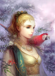  animal animal_on_shoulder bird bird_on_shoulder blonde_hair blue_eyes branch commentary_request female flower hair_ornament jewelry leaf macaw necklace original parrot photoshop_(medium) short_hair smile yufy 