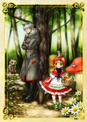  1boy against_tree alcohol animal_ears apple basket big_bad_wolf big_bad_wolf_(cosplay) bird blonde_hair blue_eyes boots bread coat commentary_request cosplay dress female flower food forest fruit fur_trim grey_hair highres hood irui_guneden kemonomimi_mode little_red_riding_hood little_red_riding_hood_(grimm) little_red_riding_hood_(grimm)_(cosplay) long_hair mushroom nakamura_kanko nature on_head owl picnic_basket raccoon sanger_zonvolt squirrel super_robot_wars tail tree wine wolf_ears wolf_tail yellow_eyes 