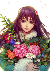  asura&#039;s_wrath commentary_request female flower girl_(asura&#039;s_wrath) hair_ornament hydrangea leaf photoshop_(medium) purple_eyes purple_hair smile solo white_background yufy 